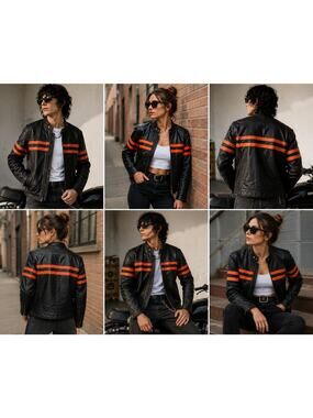 Vintage Leather Cafe Racer Motorcycle Jacket Mens Medium Black Orange Stripe